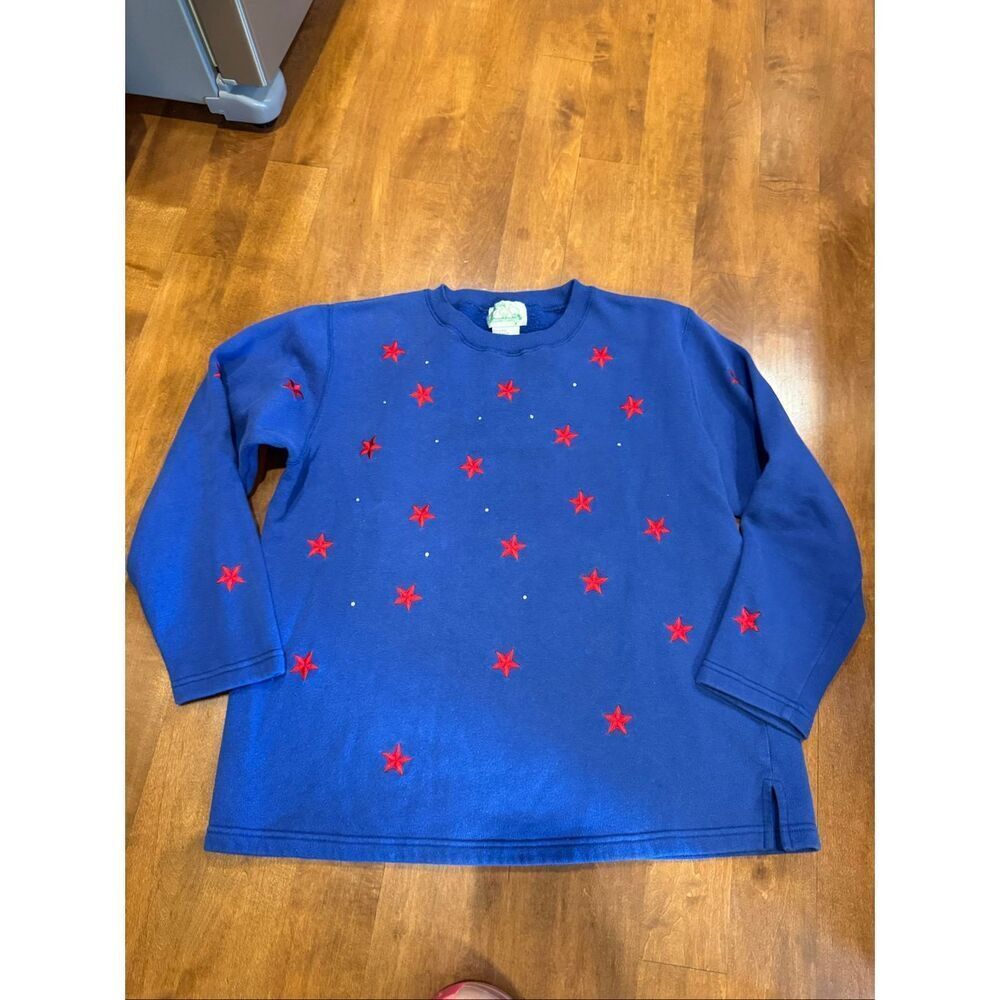 Vintage Quacker Factory Patriotic Sweatshirt Red Embroidered Stars Rhinestones B